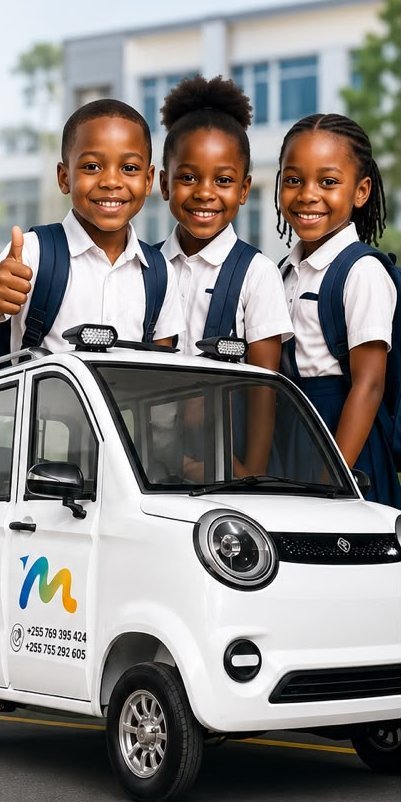 Schoolchildren beside a Mobility Ventures vehicle used for safe student transport.